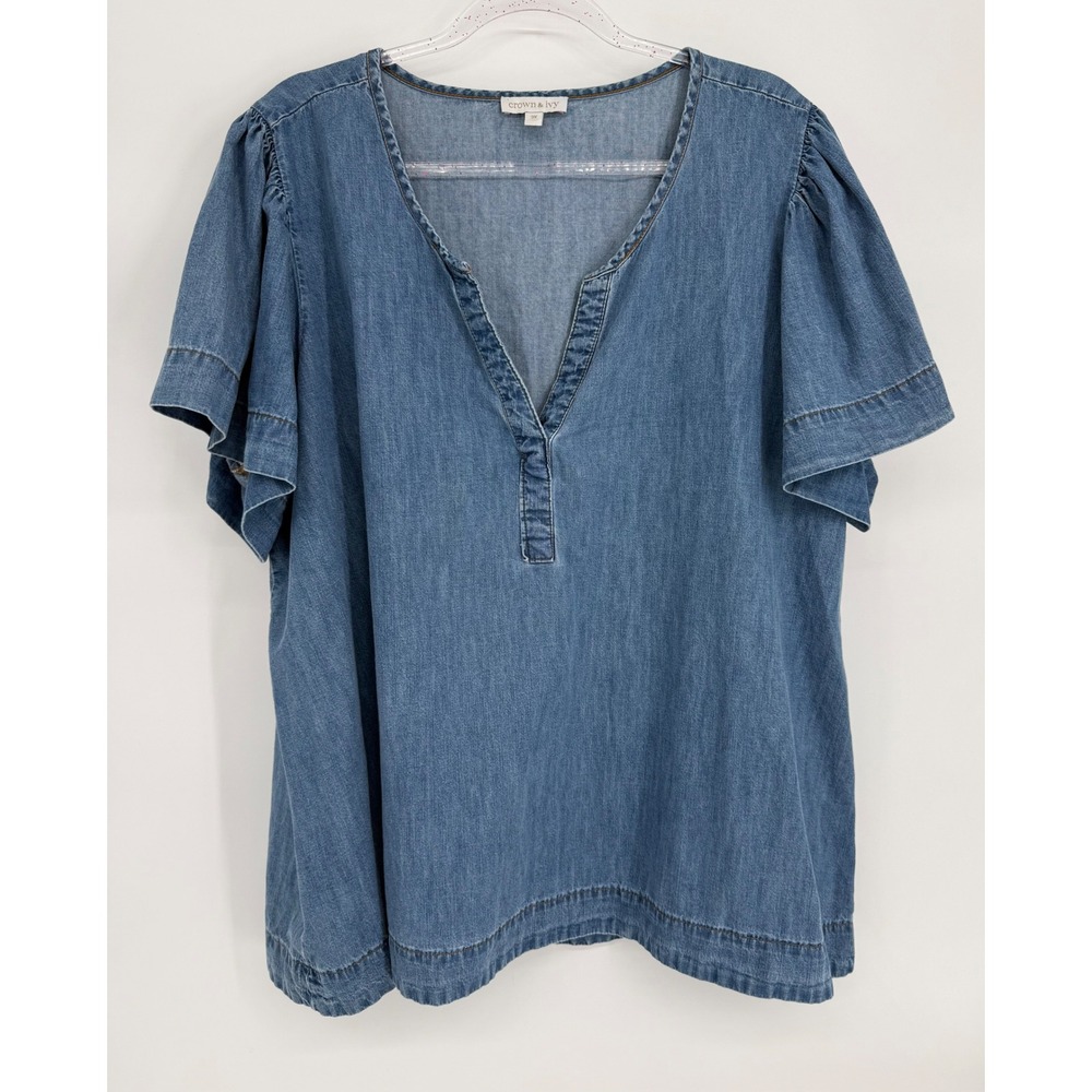 Crown & Ivy Womens Blue Denim Chambray Split V-Neck Flutter Sleeve Top 3X